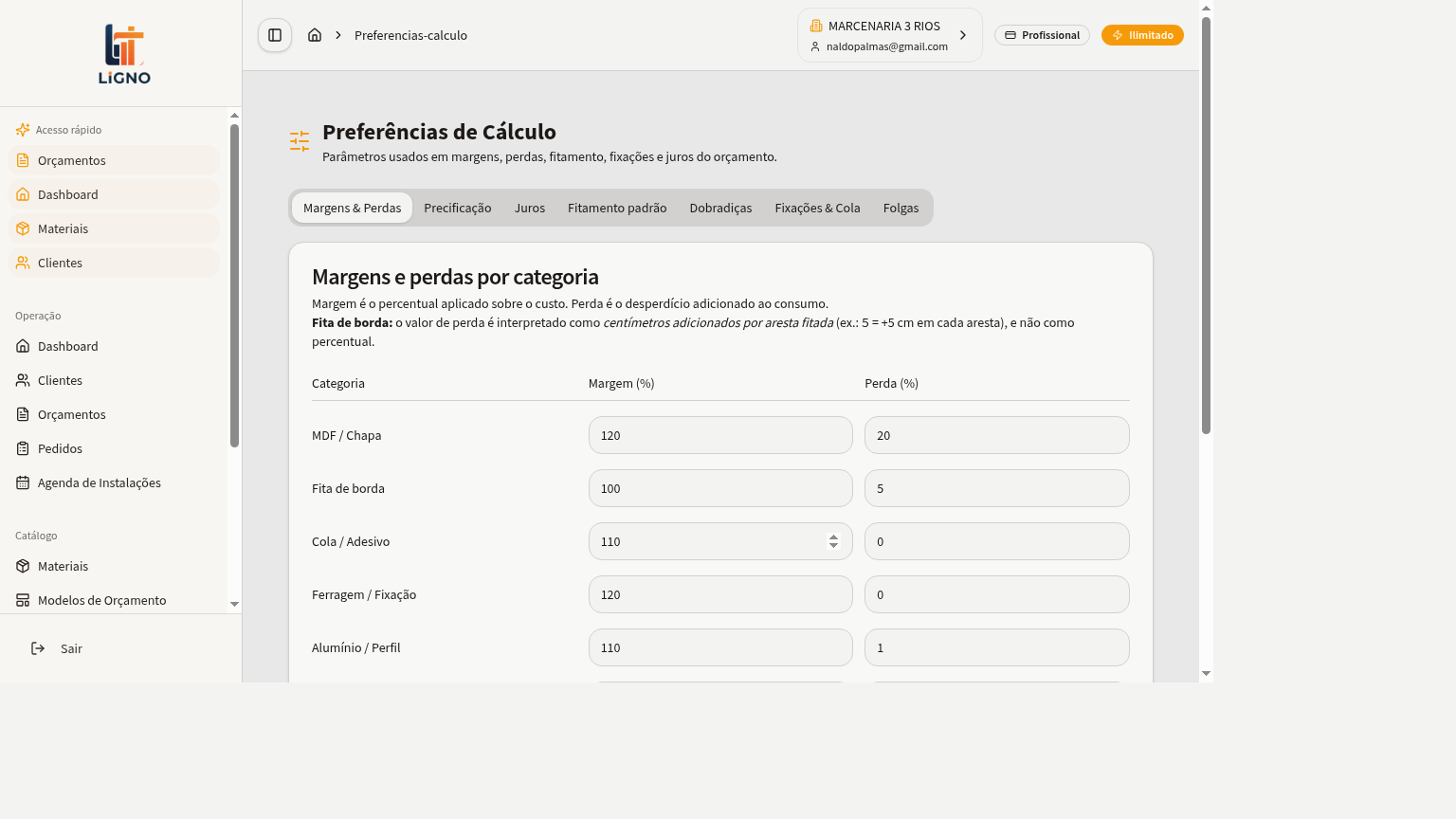Preferências de Cálculo