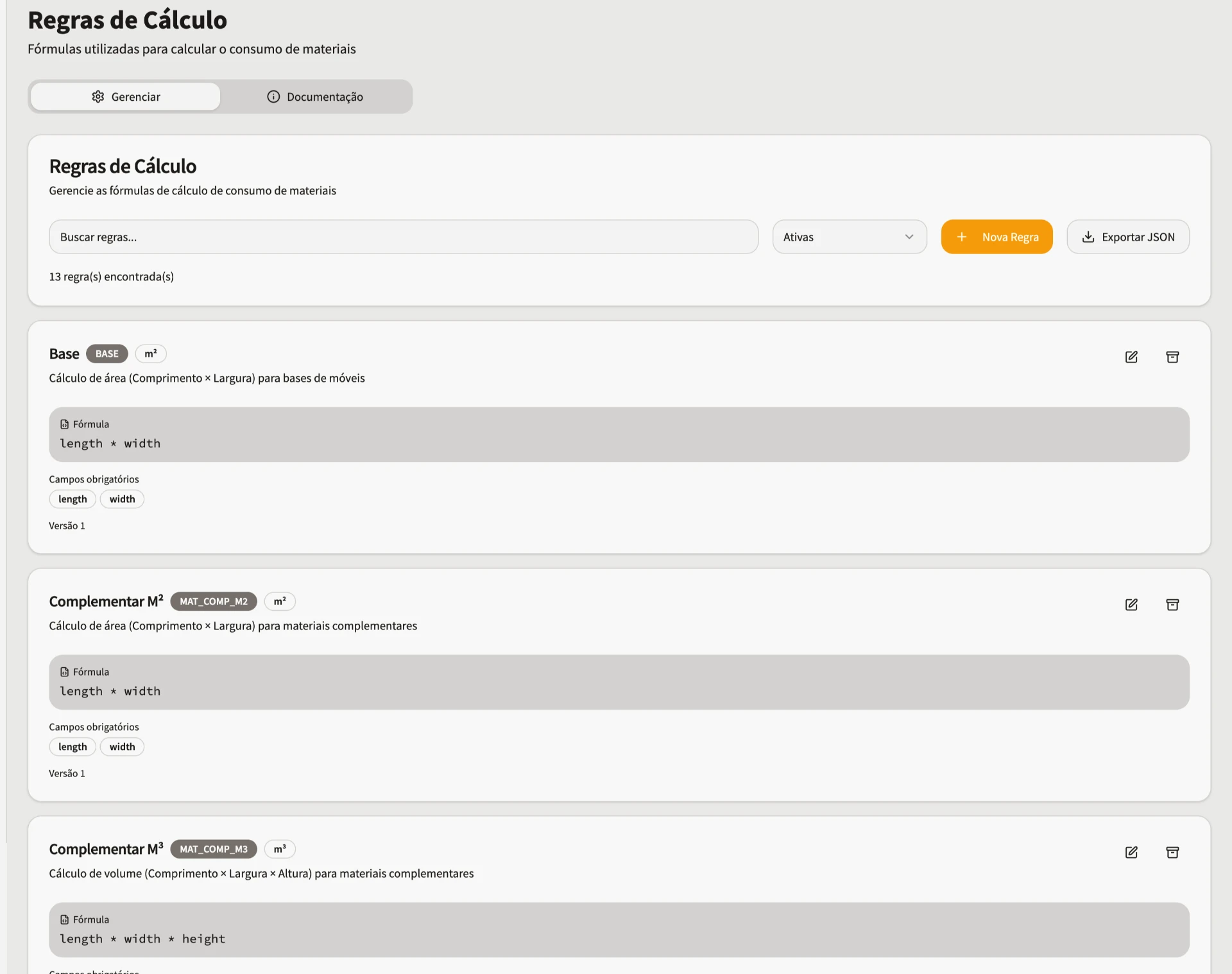 Editor de regras de cálculo do Ligno, com a fórmula e o histórico de versão de cada regra